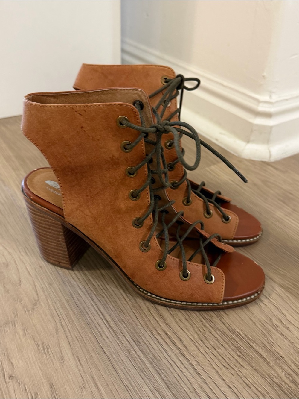 Free People $ Jeffrey Campbell Colab Tan Lace-Up Open-Toe Heeled Booties 8.5